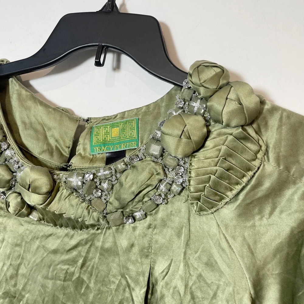 Tracy Porter 3/4 Puff‎ Sleeve Jeweled Neck Blouse Womens 4-6 Green Pleated Satin - Picture 2 of 7